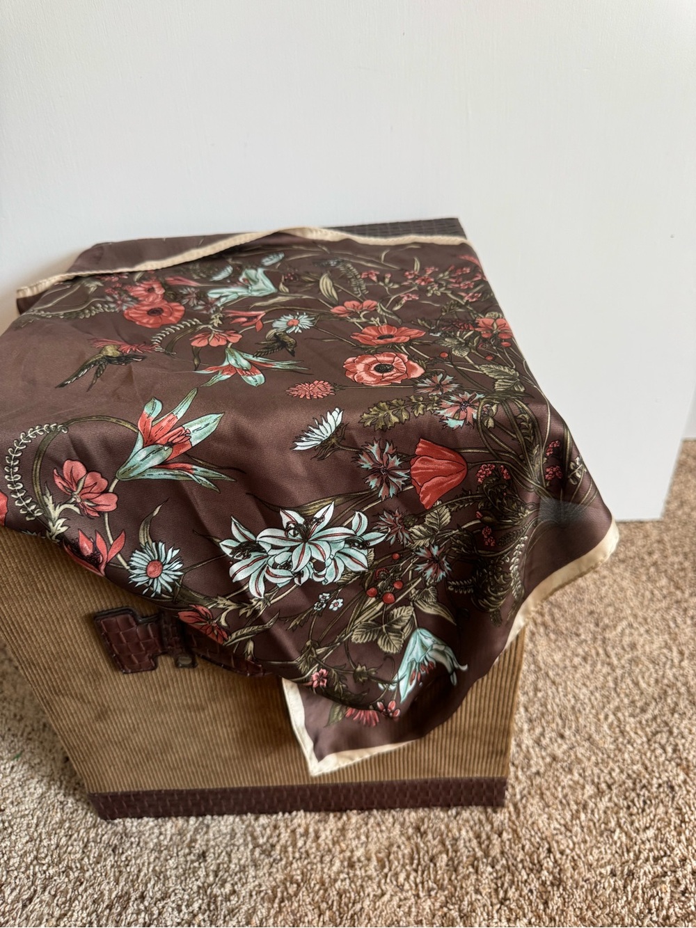 Floral Satin Scarf in Brown with Coral & Mint Flowers